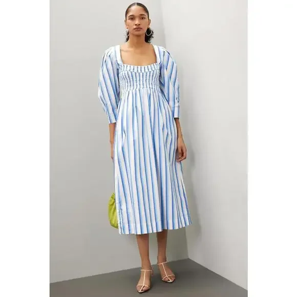 GANNI Blue Striped Cotton Smock Midi Dress Size 36 with Stains - Picture 1 of 12